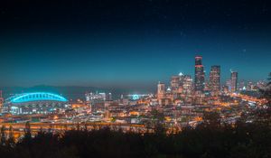 Preview wallpaper night city, city lights, starry sky, architecture, panorama