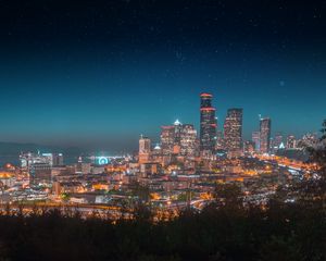 Preview wallpaper night city, city lights, starry sky, architecture, panorama