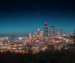 Preview wallpaper night city, city lights, starry sky, architecture, panorama