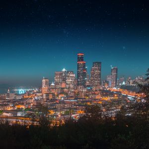 Preview wallpaper night city, city lights, starry sky, architecture, panorama