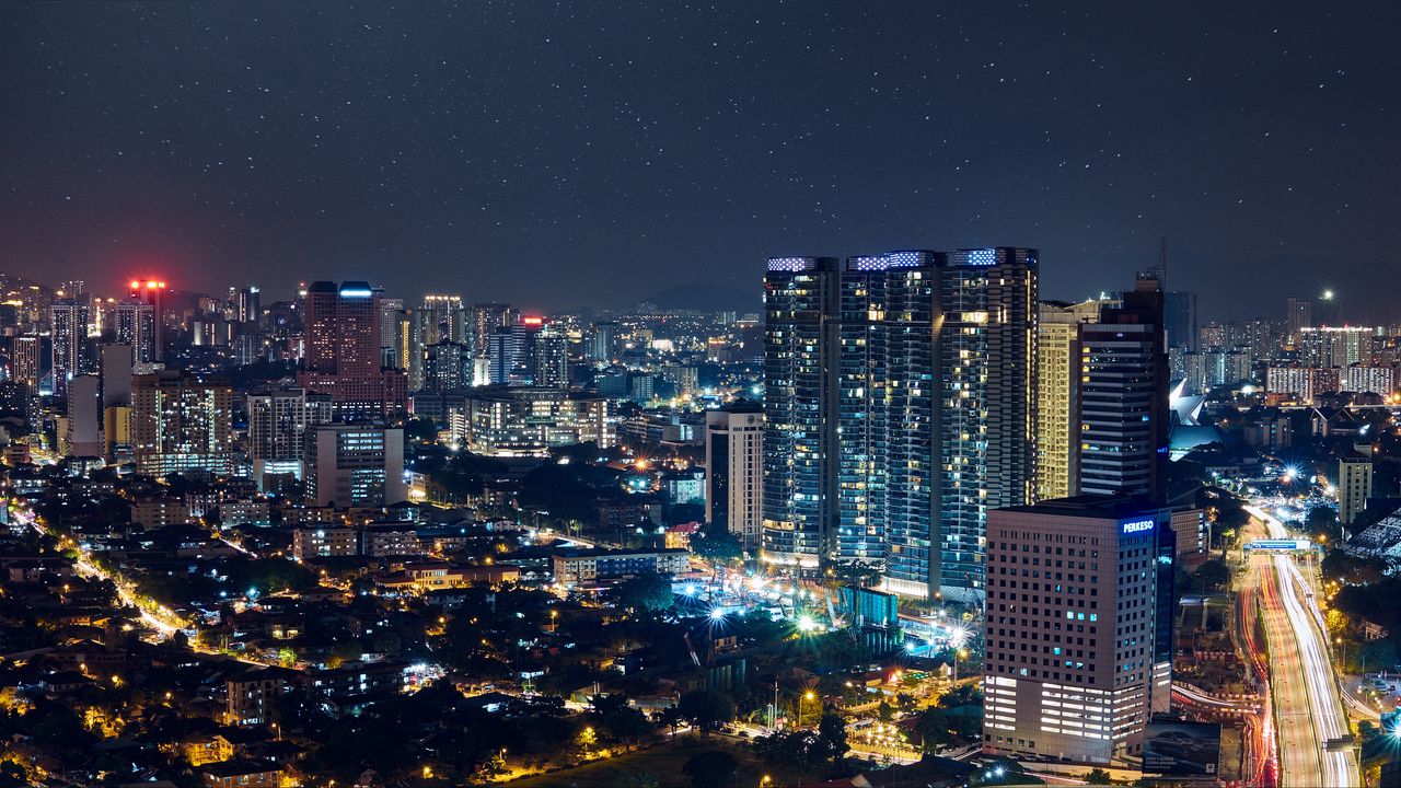 Wallpaper night city, city lights, starry sky, kuala lumpur, malaysia