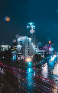 Preview wallpaper night city, city lights, street, night, moscow, russia, glare, bokeh