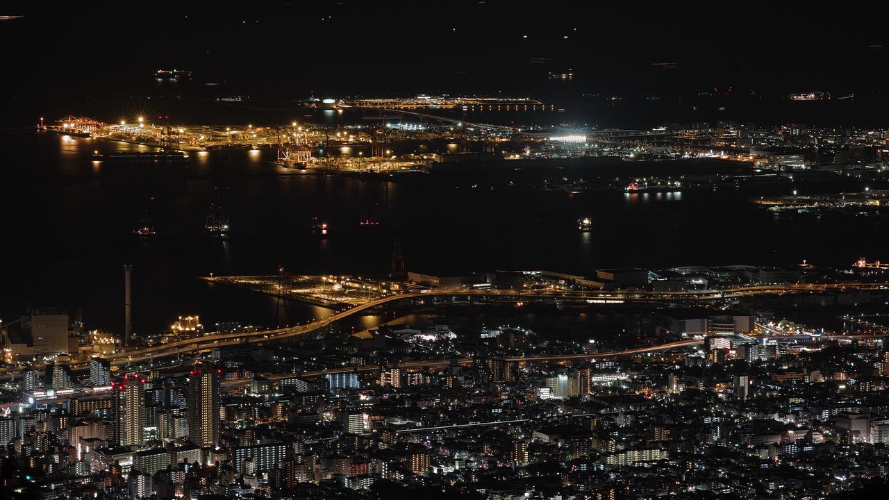 Wallpaper night city, city lights, top view, kansai, japan