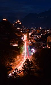 Preview wallpaper night city, city, road, lights, long exposure, buildings