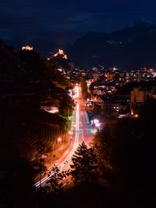 Preview wallpaper night city, city, road, lights, long exposure, buildings