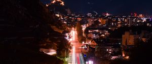 Preview wallpaper night city, city, road, lights, long exposure, buildings