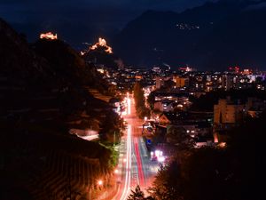 Preview wallpaper night city, city, road, lights, long exposure, buildings