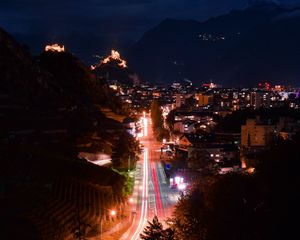 Preview wallpaper night city, city, road, lights, long exposure, buildings