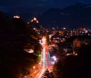 Preview wallpaper night city, city, road, lights, long exposure, buildings