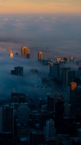 Preview wallpaper night city, clouds, aerial view, fog, skyscrapers