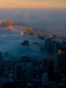 Preview wallpaper night city, clouds, aerial view, fog, skyscrapers