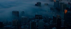 Preview wallpaper night city, clouds, aerial view, fog, skyscrapers