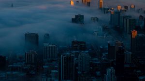 Preview wallpaper night city, clouds, aerial view, fog, skyscrapers