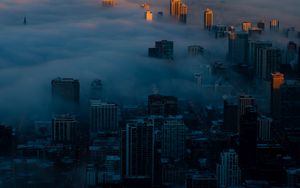 Preview wallpaper night city, clouds, aerial view, fog, skyscrapers