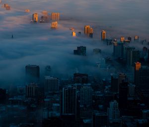 Preview wallpaper night city, clouds, aerial view, fog, skyscrapers