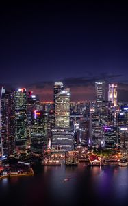 Preview wallpaper night city, coast, aerial view, buildings, lights, singapore