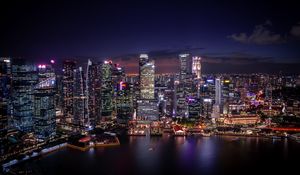 Preview wallpaper night city, coast, aerial view, buildings, lights, singapore