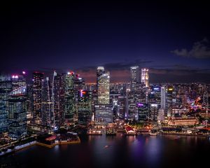 Preview wallpaper night city, coast, aerial view, buildings, lights, singapore