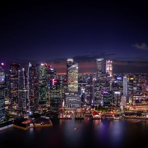Preview wallpaper night city, coast, aerial view, buildings, lights, singapore