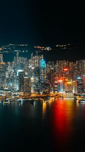 Preview wallpaper night city, coast, aerial view, buildings, lights