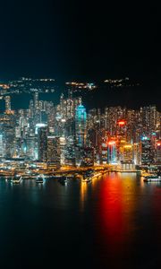 Preview wallpaper night city, coast, aerial view, buildings, lights