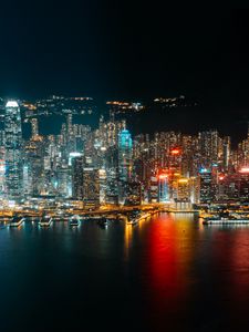 Preview wallpaper night city, coast, aerial view, buildings, lights