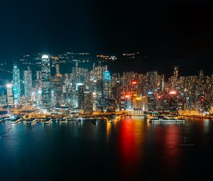 Preview wallpaper night city, coast, aerial view, buildings, lights