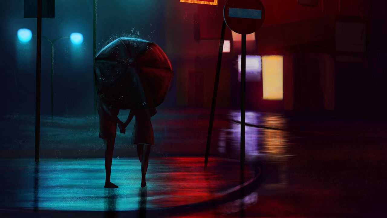 Wallpaper night city, couple, art, street, rain, umbrella, lights