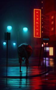 Preview wallpaper night city, couple, art, street, rain, umbrella, lights