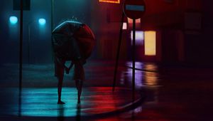 Preview wallpaper night city, couple, art, street, rain, umbrella, lights