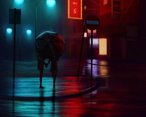 Preview wallpaper night city, couple, art, street, rain, umbrella, lights