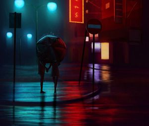 Preview wallpaper night city, couple, art, street, rain, umbrella, lights