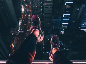 Preview wallpaper night city, feet, aerial view, overview, roof, night