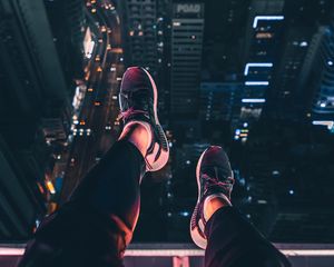 Preview wallpaper night city, feet, aerial view, overview, roof, night
