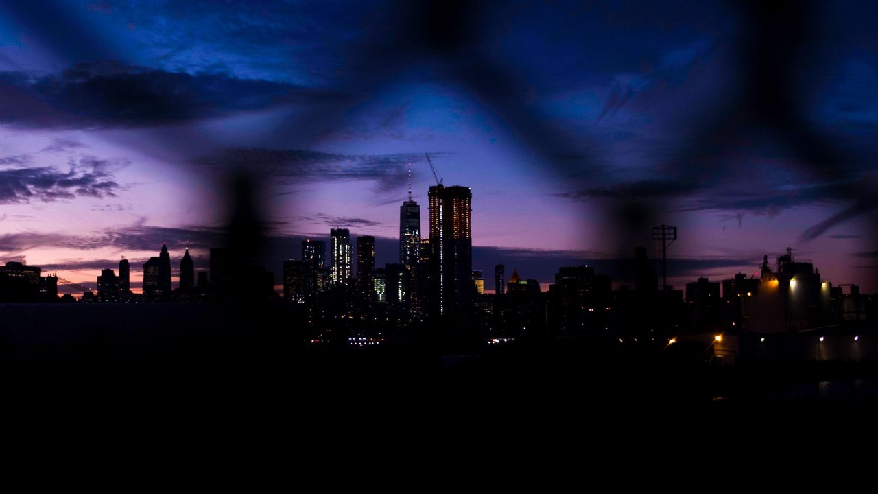 Wallpaper night city, fence, dark, skyscrapers