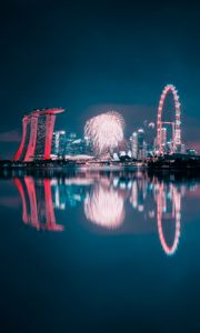 Preview wallpaper night city, fireworks, buildings, water, reflection