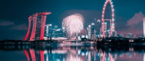 Preview wallpaper night city, fireworks, buildings, water, reflection