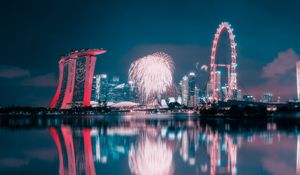 Preview wallpaper night city, fireworks, buildings, water, reflection