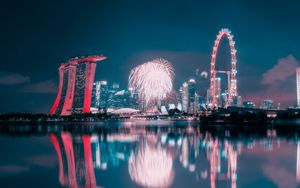 Preview wallpaper night city, fireworks, buildings, water, reflection