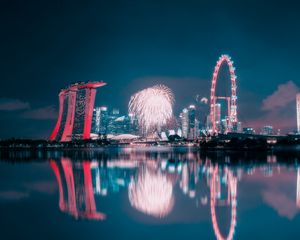 Preview wallpaper night city, fireworks, buildings, water, reflection