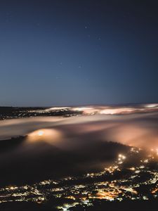 Preview wallpaper night city, fog, aerial view, horizon, veil