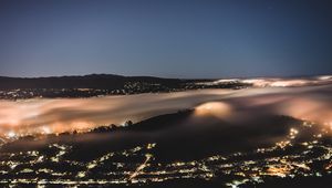 Preview wallpaper night city, fog, aerial view, horizon, veil