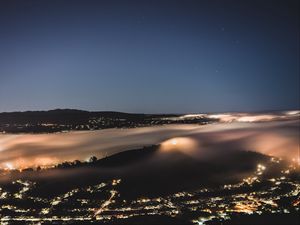 Preview wallpaper night city, fog, aerial view, horizon, veil