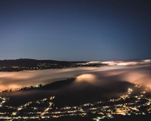 Preview wallpaper night city, fog, aerial view, horizon, veil