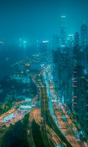 Preview wallpaper night city, fog, aerial view, buildings, road, metropolis