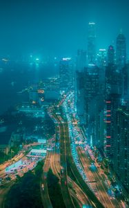 Preview wallpaper night city, fog, aerial view, buildings, road, metropolis