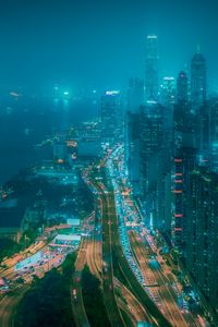 Preview wallpaper night city, fog, aerial view, buildings, road, metropolis