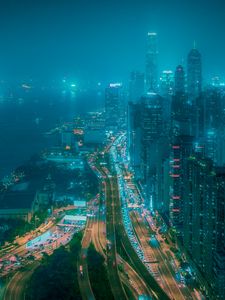 Preview wallpaper night city, fog, aerial view, buildings, road, metropolis