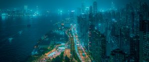 Preview wallpaper night city, fog, aerial view, buildings, road, metropolis