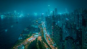 Preview wallpaper night city, fog, aerial view, buildings, road, metropolis